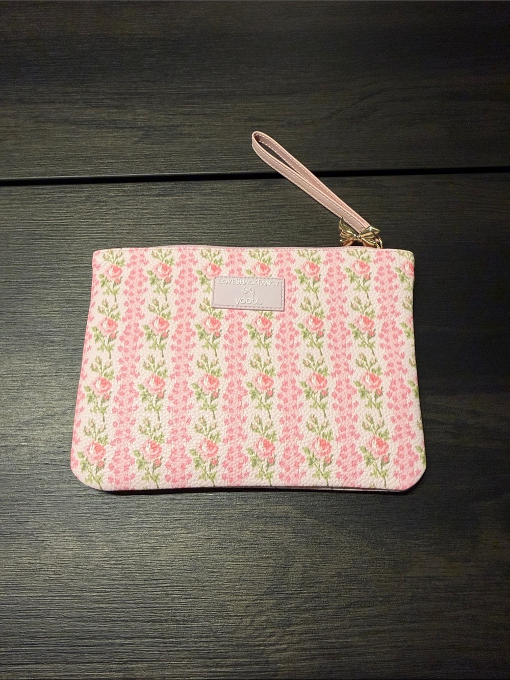 LoveShackFancy x Yoobi Floral Wristlet Pouch Makeup Bag Strawberry Macaroon